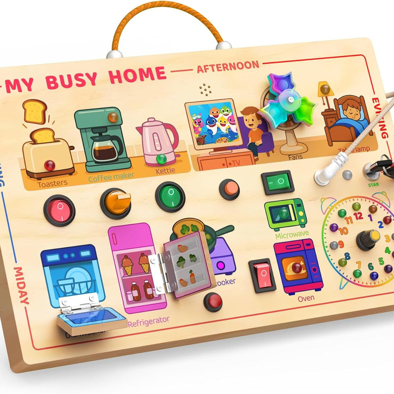 Montessori Busy Board with LED Lights & 12 Buttons, Portable Travel Toy for Toddlers 1-3 Years
