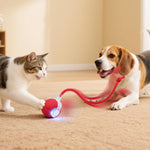 Smart Interactive Automatic Electric Rolling Moving Rechargeable Motion Activated Self Play Electronic Stimulation Chase Teaser Ball Toy with Rope for Indoor Bored Adult Cat and Dog Not Chewing, Pink