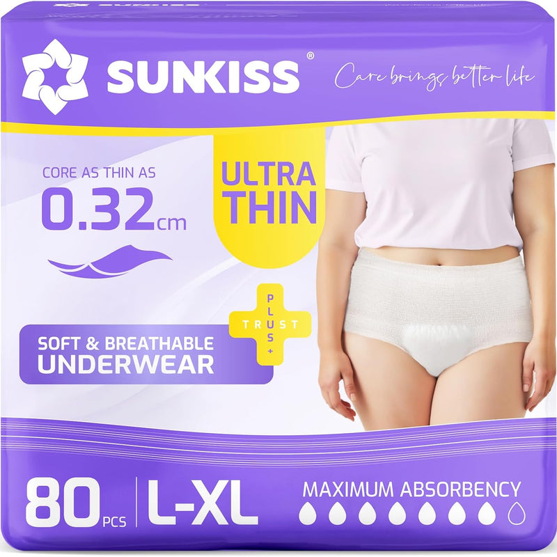 SUNKISS Ultra Thin Incontinence Underwear for Women, Unscented, L/XL, 20 Ct | High Absorbency & Super Soft Postpartum Leak Proof Diapers, Disposable Adult Pull Ups, Fast Dry, Breathable Layers