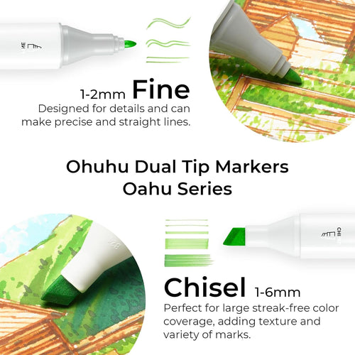 Ohuhu Alcohol Markers - AP Certificated 60-color Double Tipped Art Marker Set for Artist Adults Coloring Illustration - Chisel and Fine Dual Tips - Refillable - Oahu Series of Ohuhu Markers