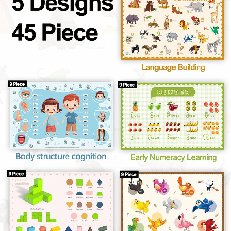 45 Pack Sticky Disposable Placemats for Baby & Toddlers,Toddler Placemat 12"x18" Kids Table Mat for Party, Picnic Table, Restaurants Dining Table Travel Essentials for Toddlers with 5 Designs