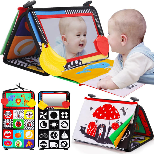 Tummy Time Baby Mirror & Soft Book: Newborn Brain Development, Teething Toy, High Contrast Patterns
