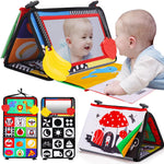 Tummy Time Baby Mirror & Soft Book: Newborn Brain Development, Teething Toy, High Contrast Patterns