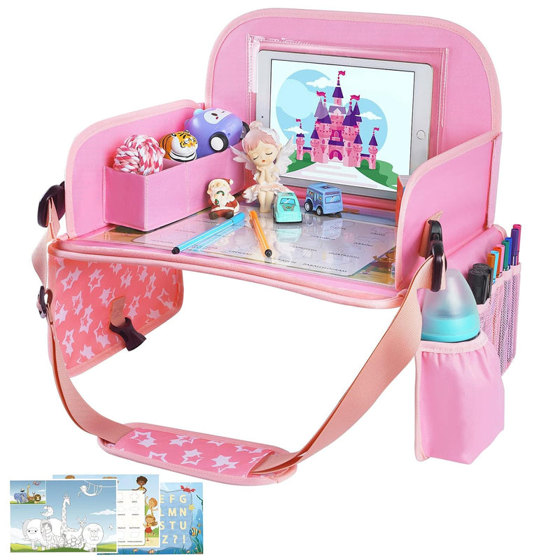 MENZOKE Kids Travel Tray for Toddler Car Seat, Road Trip Activities for Kid | Road Trip Essentials Accessories Lap Tray with iPad Holder Stand & Dry Erase Board as Travel Gifts for Kid, Pink