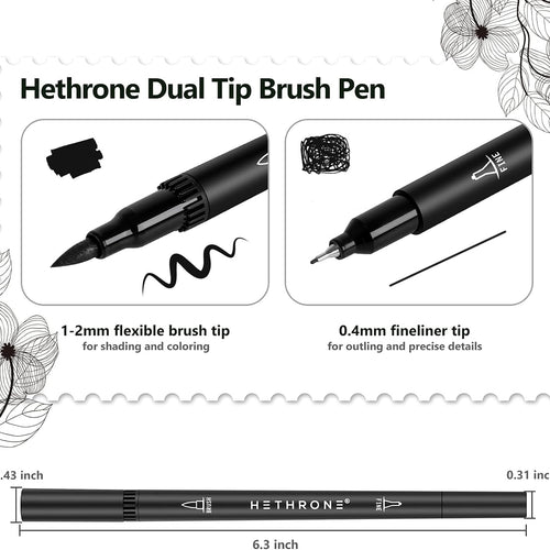 Hethrone Black Markers for Drawing - Brush Pens with Felt Tips for Artists - Calligraphy Pens, 12 Pack
