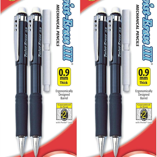 Pentel Twist-Erase III Mechanical Pencil, (0.9mm), Assorted Barrel Colors with 2 Eraser Refills, Pack of 2 (QE519BP2-K6)