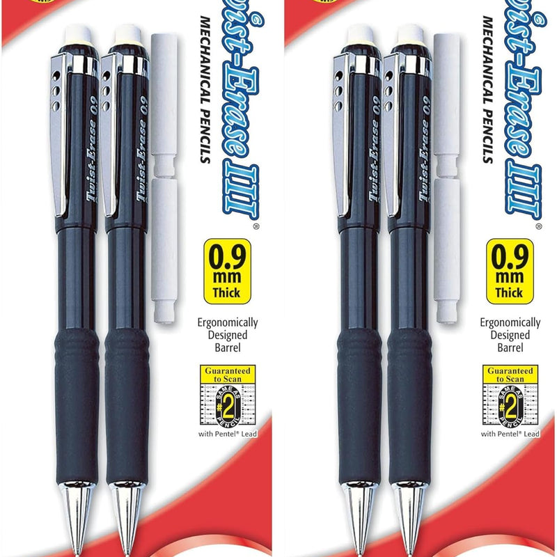 Pentel Twist-Erase III Mechanical Pencil, (0.9mm), Assorted Barrel Colors with 2 Eraser Refills, Pack of 2 (QE519BP2-K6)