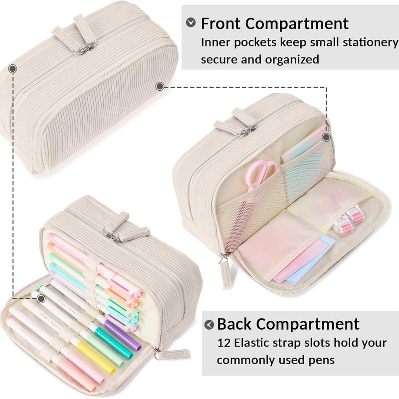 Sooez Big Capacity Pencil Case Pen Pouch, Soft Corduroy Pencil Bag with 3 Compartment, Multiple Pockets, Sturdy Zipper, Cute School Supplies Pen Bag Organizer For Teen Girls College, Beige