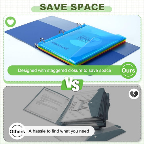 Sooez 30 Pack Binder Folders Organizer with Staggered Closures, Super Heavyweight Binder Pockets for 3 Ring Binders, High Capacity Binder Pouch, Side Loading, School Supplies, Letter Size, 5 Color