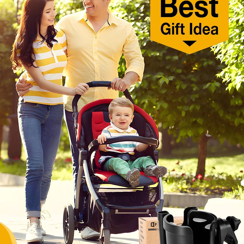 Universal Stroller Cup Holder with Mobile Phone Case, 2-in-1 Strollers Storage Rack, 360 Degrees Rotation Drink Holder for Bike, Pushchair, Wheelchair, Walker,Bicycle, Fits Most Cups