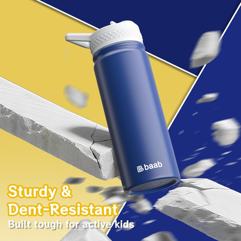 baab 18oz Kids Insulated Water Bottle 18/8 Stainless Steel Straw Cup 2 Pack | BPA-Free, DIY Stickers, Leakproof & Spillproof, Easy to Clean & Carry, Gift for Boy Girl Youth, for School Sport Travel