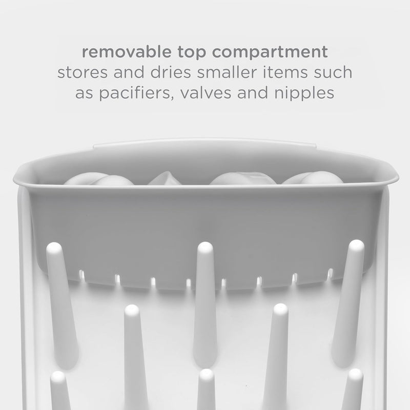 Ubbi Vertical Baby Bottle Drying Rack, Space Saving Countertop Bottle Dryer | 13-Peg Bottle Drying Rack Removable Drain Tray, Baby Organizer for Pump Parts, Pacifiers & Accessories, Dishwasher Safe, Gray