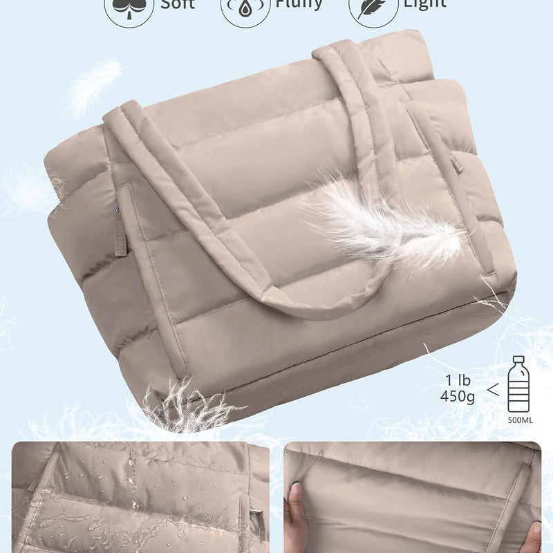Bagstellar Puffer Tote Bag for Women, Lightweight Puffy Travel Gym Work Bag | 16 Pocket Teacher Nurse Quilted Shoulder Handbag Large Cloud Carry On 15.6" Laptop Computer Purse for School Nursing Clinical