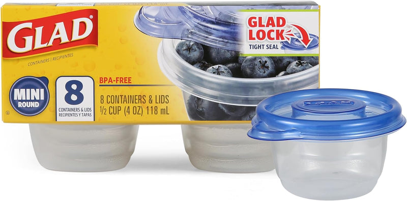 Glad GladWare Mini Round Food Storage Containers, 4 Oz, 8 Count | BPA-free, lock-tight seal for snacks, portion control, and on-the-go; reusable and stackable