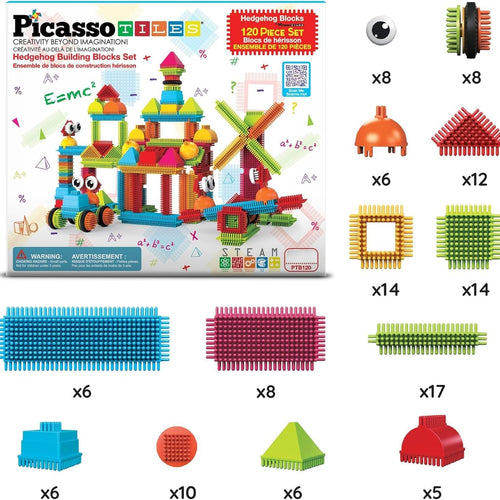 PicassoTiles 120pcs Hedgehog Interlocking Building Blocks for Preschool and Kindergarten