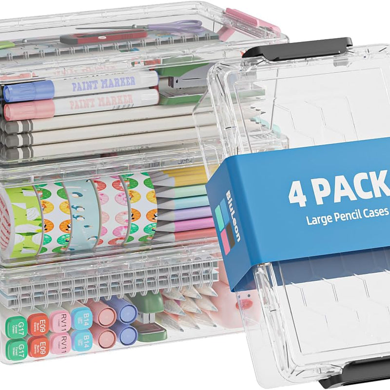 BiuLeon 4 Pack Extra Large Pencil Box, Plastic Pencil Case Organizer, Clear Crayon Box Marker Organizer, Stackable Craft Organizers and Storage for Pen, Craft, Art Supply(Grey)