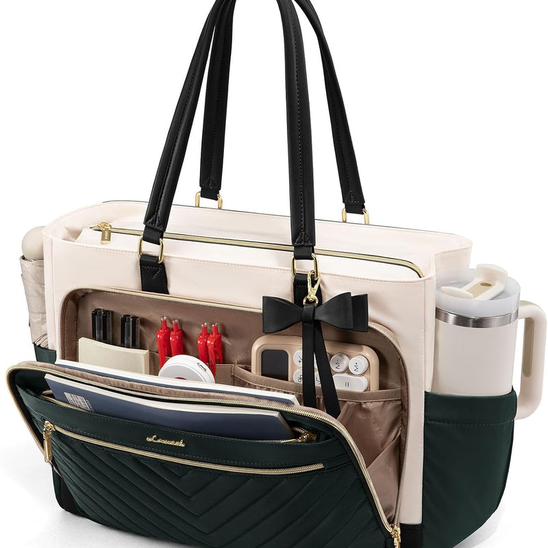 LOVEVOOK Teacher Tote Bag for Women, Work Laptop Bag Gift with Large Cup Holder, Quilted Nurse Bag Diaper Tote with Multi-Pockets, Large Computer Handbag Purse for Bussiness Travel, Office, College