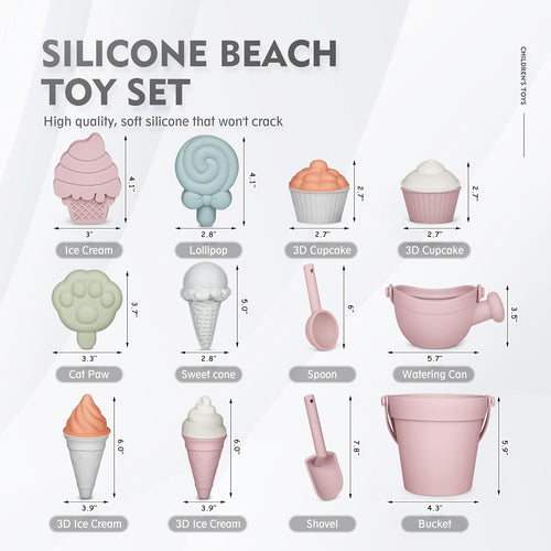 MarcZero 17Pcs Silicone Beach Toys Set for Toddlers Sand Toys, Pink | Baby Beach Toys soft silicone bucket, watering can, shovel, spoon, sand molds, beach bag for beach or sandbox