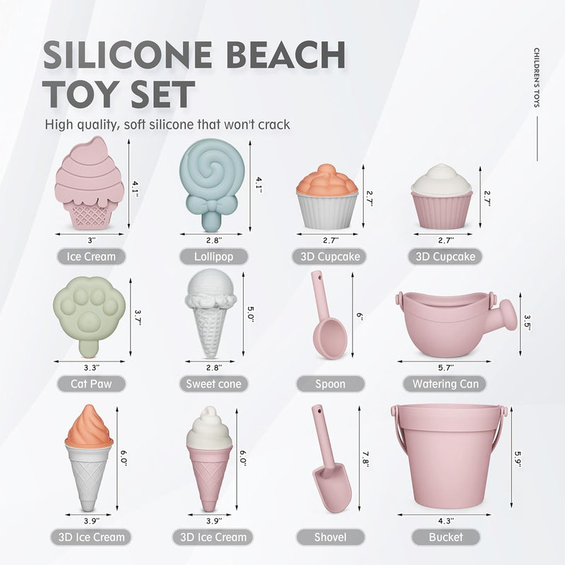 MarcZero 17Pcs Silicone Beach Toys Set for Toddlers Sand Toys, Pink | Baby Beach Toys soft silicone bucket, watering can, shovel, spoon, sand molds, beach bag for beach or sandbox