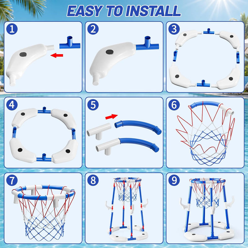 JUKUDAHU Pool Basketball Hoop, 2-in-1 Boy Pool Toys for Kids Ages 4-8 | Floating Pool Ring Game with 4 Balls and Pump, Outdoor Swimming Water Play Toy, Summer Water Toys for Kids Adults Age 3-12