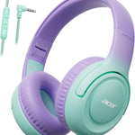 acer kids headphones purple green - over-ear volume limiter 85db foldable stereo sound headset for toddlers girls boys travel learning entertainment