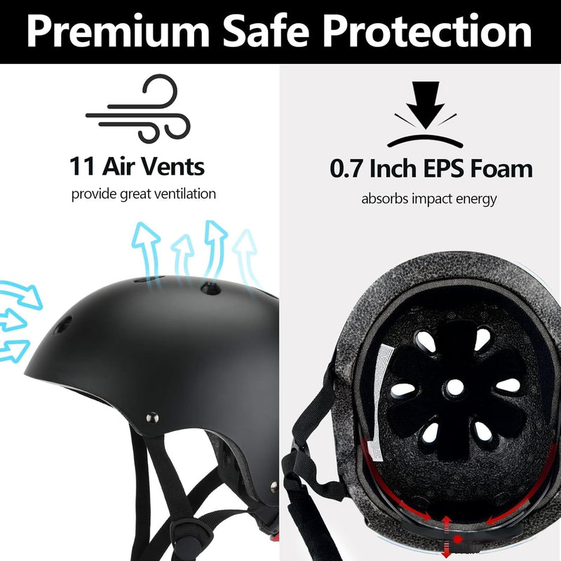 Kids Bike Helmet Set, CPSC Certified, Adjustable Black Helmet, Knee Elbow Wrist Pads Guards, Toddler Head Protection