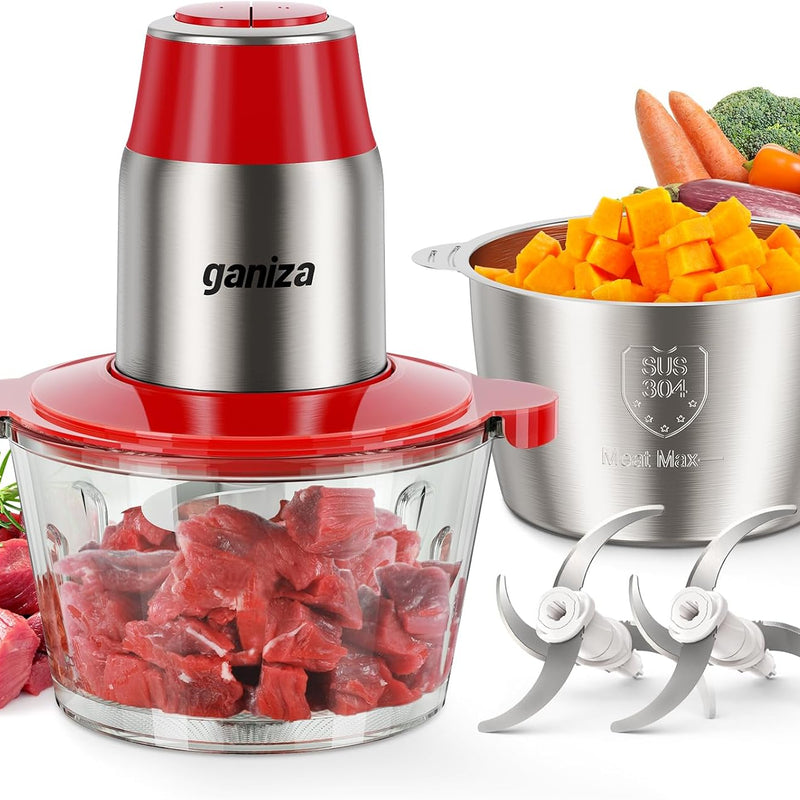 Ganiza Food Processors with 2 Bowls, 450W Meat Grinder Vegetable Chopper | 2-Speed Electric Food Chopper with 8 Cup Glass & 8 Cup Stainless Steel Bowls -Includes 2 Sets of Blades for Fruits/Meat/Nuts