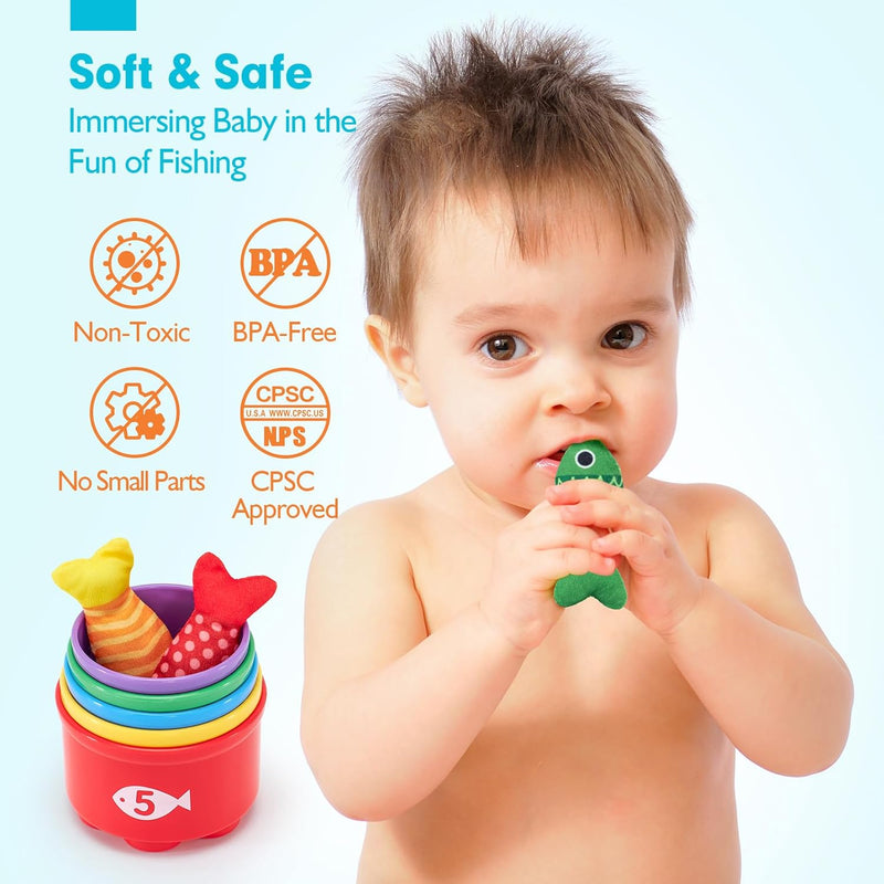 10-in-1 hahaland Montessori Cloth Fishing Game for 1 Year Old Boys and Girls with Stacking Cups