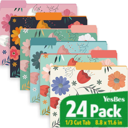 24 Pack Decorative File Folders, 1/3 Cut Tab Floral Colored Folders Letter Size 8.8 x 11.6 Inch, Assorted 6 Styles Filing Folder for Office School Business