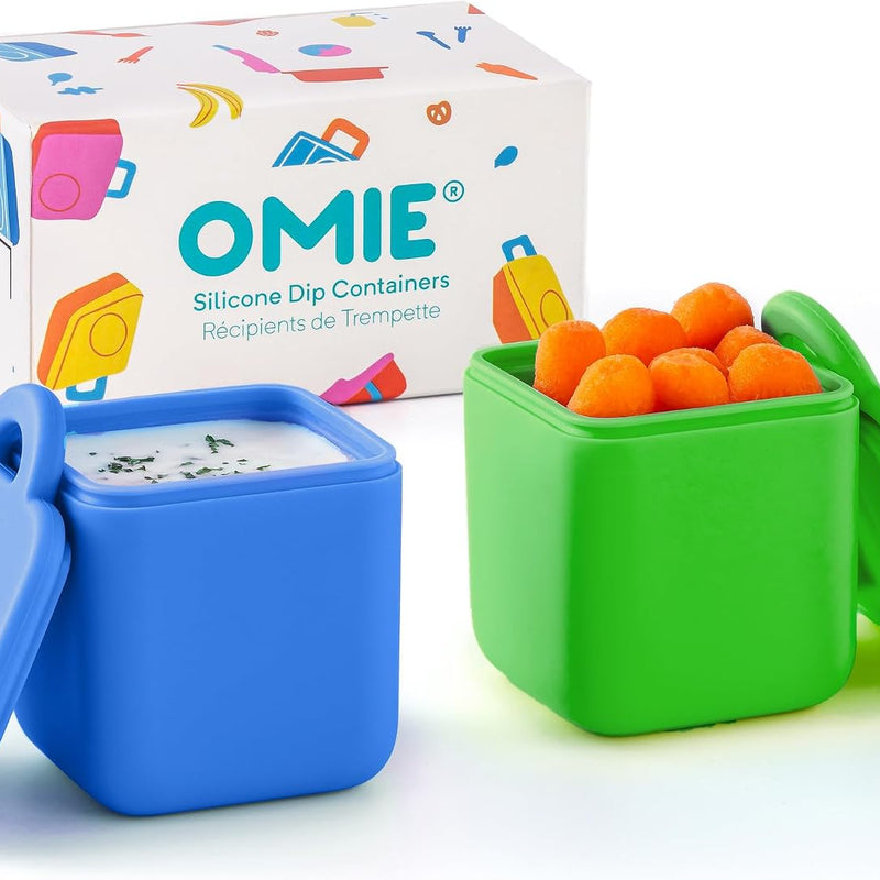 OmieBox (2 pack) Leakproof Dips Containers To Go, Salad Dressing Container, Condiment Container with Lids - Food Safe Silicone - 4 ounces (Blue/Lime)