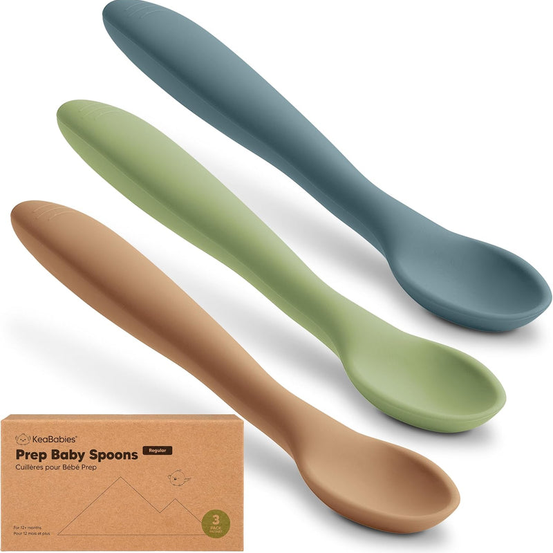 KeaBabies Silicone Baby Spoons Self Feeding 6-12 months, 3-Pack (Slate) | Large Scoop, Baby Led Weaning Utensils, First Food Training Spoon, Toddler, Kids Eating Essential, Dishwasher-safe, BPA-Free