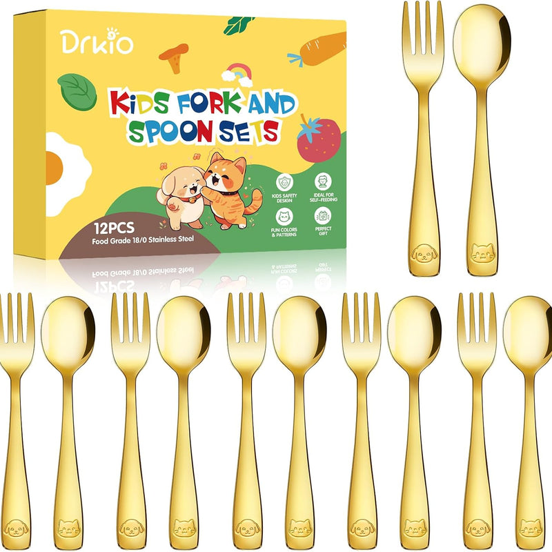 12Pcs Stainless Steel Toddler Utensils Small Metal Kids Silverware | Food-grade, Ideal Transitional Baby Forks and Spoons, Cute pattern, Designed for Children, Dishwasher Safe, Mirror Polished