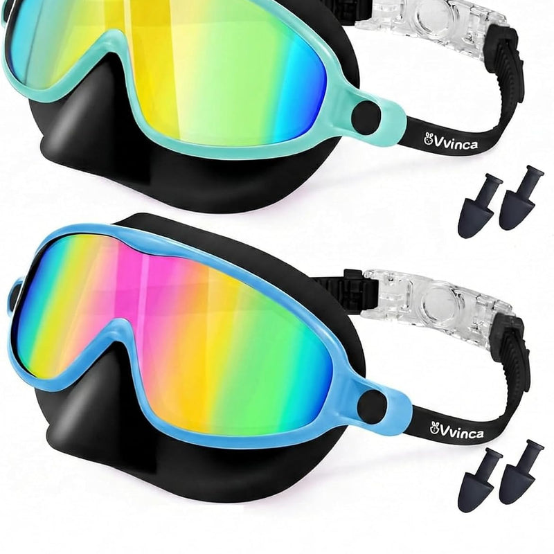 Vvinca Swim Goggles with Nose Cover, 2 Pack Wide View Diving Mask Anti-Fog UV No Leak Toddlers Swimming Goggles for Kids 3-15
