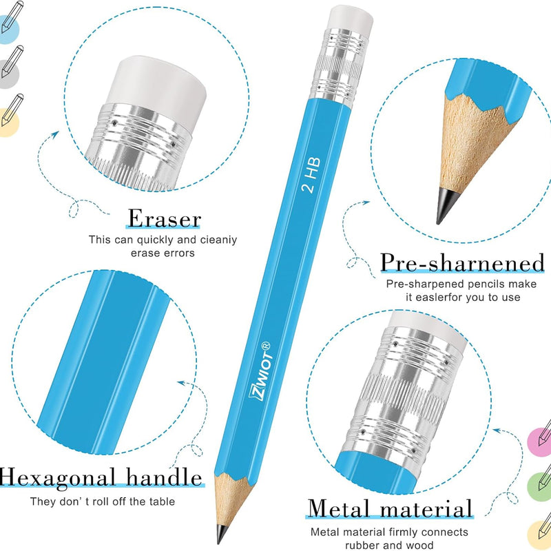 ZWlOT Golf Pencils with Eraser, #2 HB Half,4" Mini,Pre-Sharpened,120/200/320 Count Pencils Wood Cased Short for Classroom, Office, School, Wedding and Party Game(Blue-120pcs)