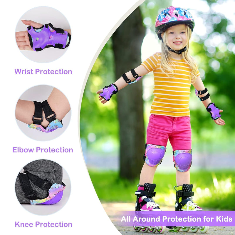 Fioday Kids Knee Pads Set with Adjustable Elbow Pads and Wrist Guard for Roller Skates Cycling Skateboard, 3-8 Years, Rainbow Unicorn