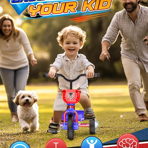 Stable Spider Toddler Tricycle for 1-5 Year Olds with Colorful Lighting, Large Basket & Thickened Noiseless Wheels