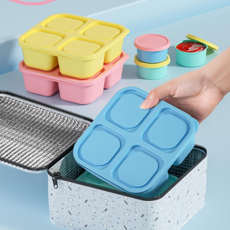 Canfanni 4 Pcs Snack Box Containers Set, Reusable 4 Compartment Lunchable Container with 2Pcs Sauce Containers, Stackable BPA-Free Bento Box for School, Work, Travel (4 Color)