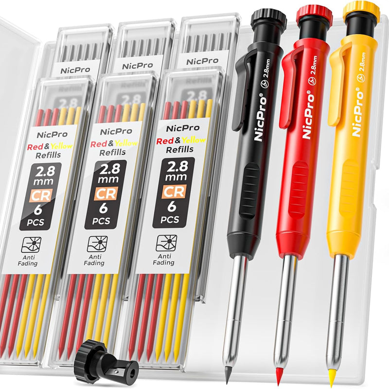 Nicpro Carpenter Pencil with Sharpener, Mechanical Pencils Set with 26 Refills, Deep Hole Marker for Construction, Heavy Duty Woodworking Tools for Architect (Black, Red) - With Case