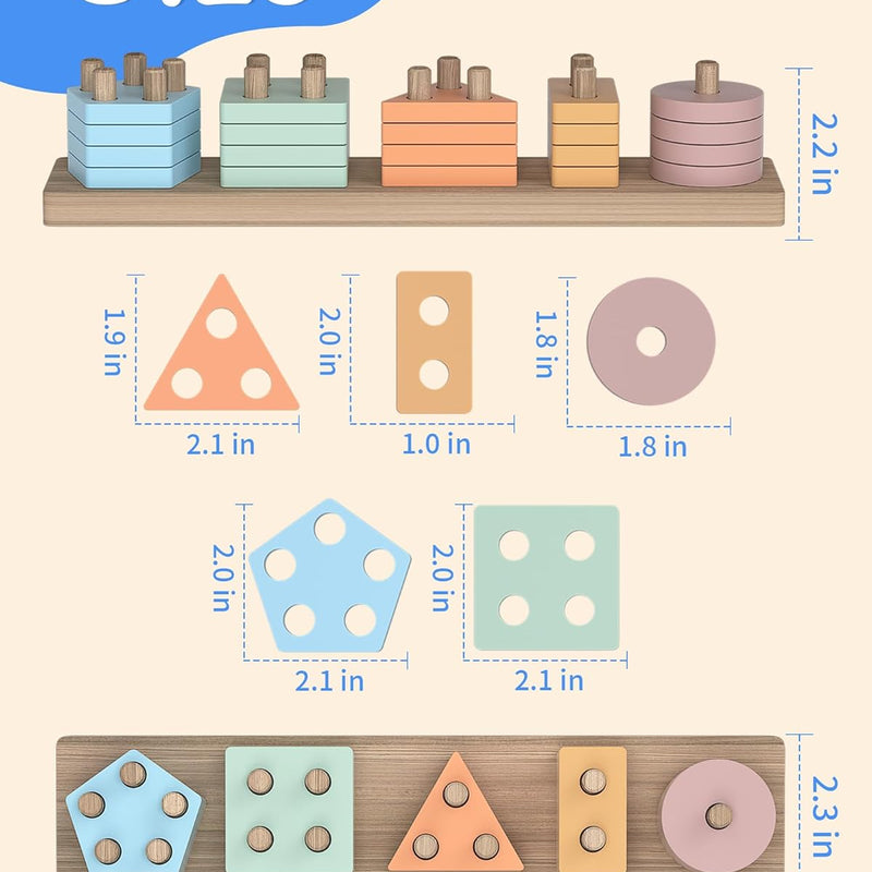 kecristv Montessori Toys for 1-3 Year Olds, Shape Sorter Wooden Toys for Toddlers, Learning Educational Sensory Stacking Toy