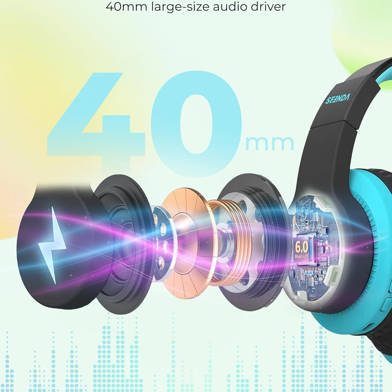 seenda JCH-01 Kids Bluetooth Headphones, 85/94dB, 3 Light Modes,Black&Blue | 75H playtime, soft padded fit, mic & AUX cord, stickers & doodle fun kids love; Wireess Headphones for school, travel, iPad.