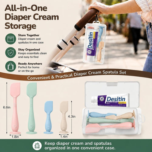4-Pack Diaper Cream Spatula with Case, Soft Diaper Rash Cream Applicator | Food-grade silicone diaper cream spatulas for diaper rash cream application, 2 sizes, 4 colors & travel case