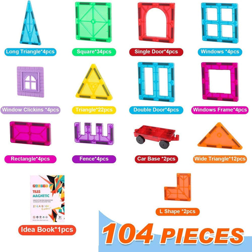 OugerToy 104PCS Magnetic Tiles STEM Building Blocks for Kids Ages 3-9, Educational Stacking Toys with Car Bases