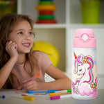 Girls Insulated Water Bottle with Covered Pop-Up Straw,16 oz Kids Cups with Stainless Steel Leak Proof for School Pink（Unicorn）