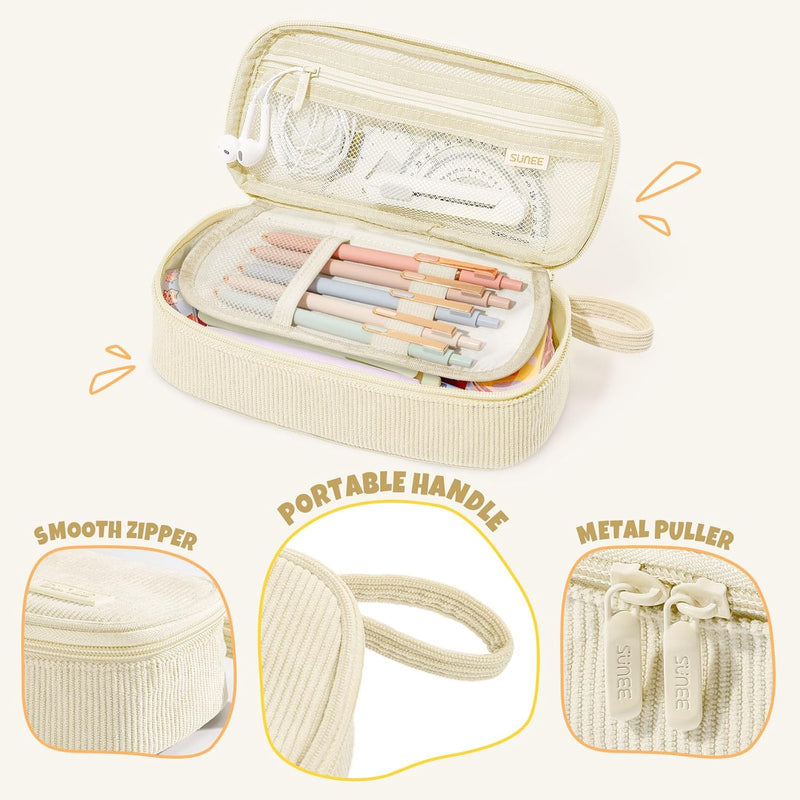 SUNEE Cute Pencil Case, Soft Corduroy Large Capacity Pencil Pouch, Aesthetic Zipper Pencil Bag, Big Storage Pen Organizer for Stationery, Pencil Box Back to School Supplies for Teen Girls Boys, Beige