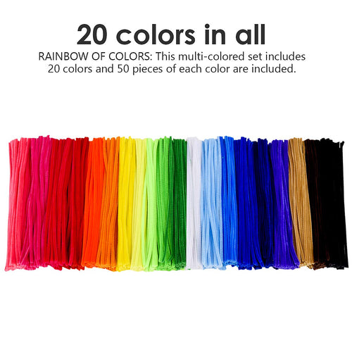 Pipe cleaners set, 1000 pieces, 20 assorted colors, 12 inch chenille stems for art and crafts