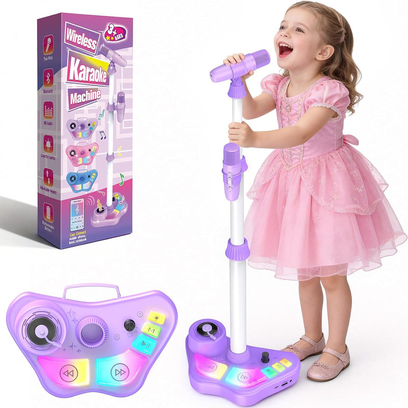 stand karaoke machine for kids, 2 wireless mics, rechargeable, kids microphone, birthday party gift