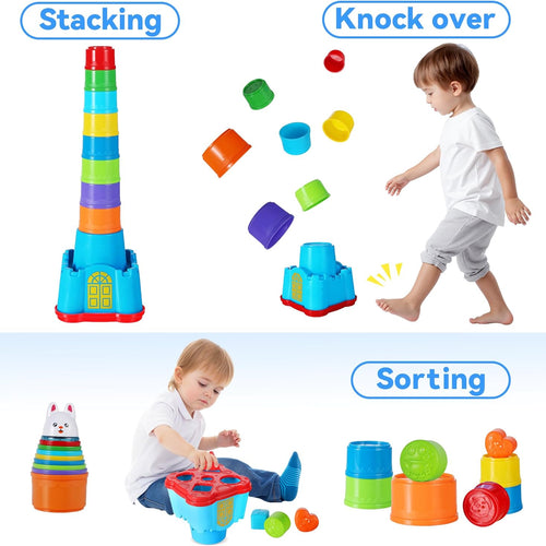 iPlay, iLearn Baby Stacking Cup Toy, Toddler Stackable Block w/Shape Sorter | Infant Stackable Cups Montessori Learing Nesting Sorting Game, Kids Bath Toy Birthday Gift 12 18Month 1 2 3 Year Old Boy Girl