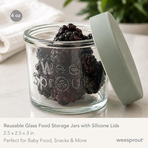 WeeSprout Glass Baby Food Storage Jars with Silicone Lids (4 oz, 12 Pack Set) Snack, Puree, Reusable Small Containers, Breast Milk, Fridge or Freezer, Essential Must Have for Infants