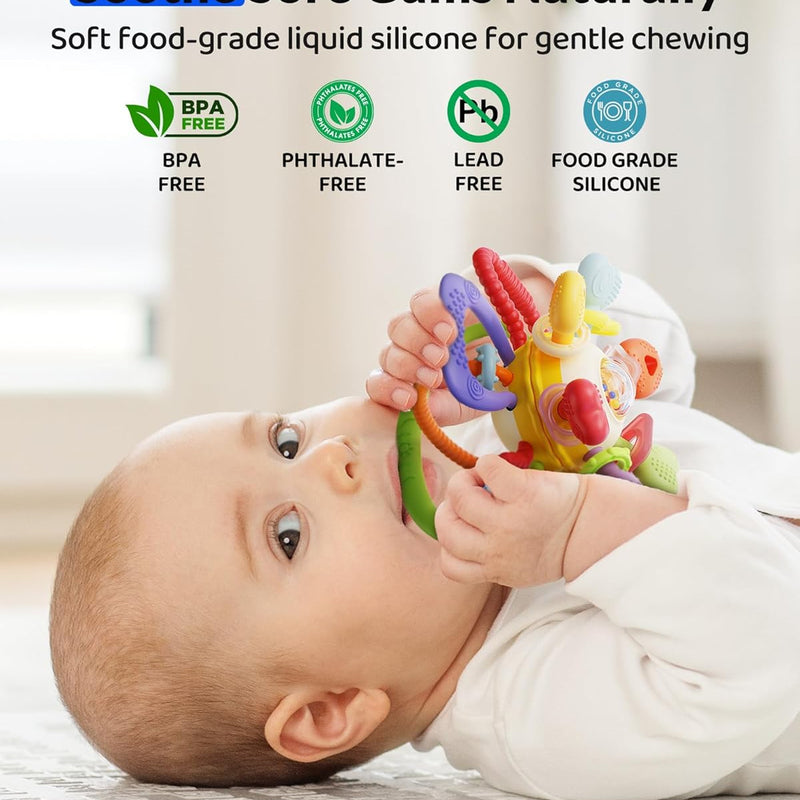Baby Montessori Silicone Teething Toy with Rattle - Safe, BPA-Free for Teething Relief & Sensory Play, 0-12 Months