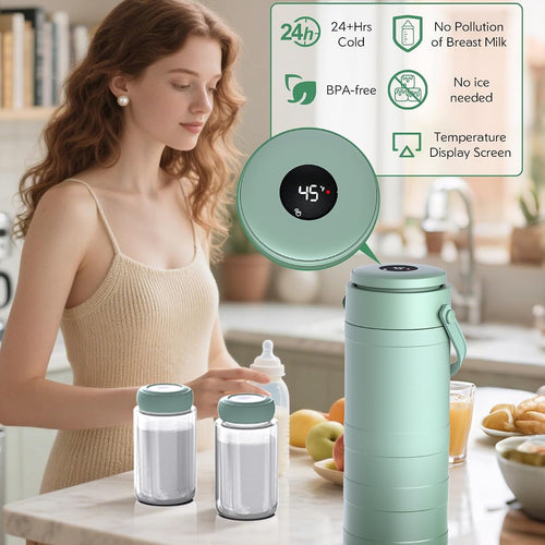 Portable Breast Milk Cooler Bottle with Digital Temp Display | 24H 360 Cooling, No Ice Packs Needed, 22oz Capacity with 2 BPA-Free Bottles, CPC Certified, Travel & Commute